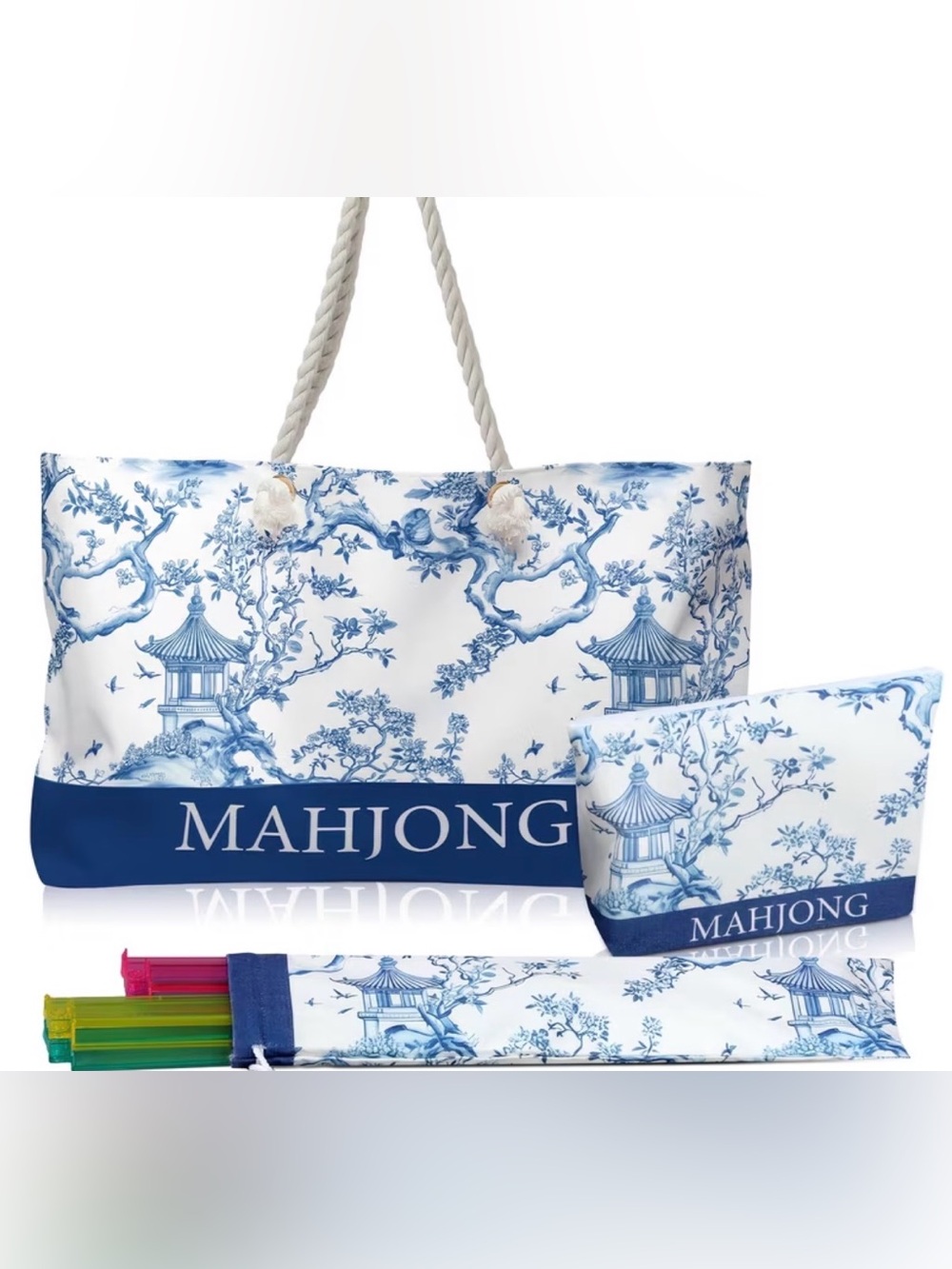 3 pcs Blue & White Chinoiserie Mahjong Bag set (Tiles and racks not included)